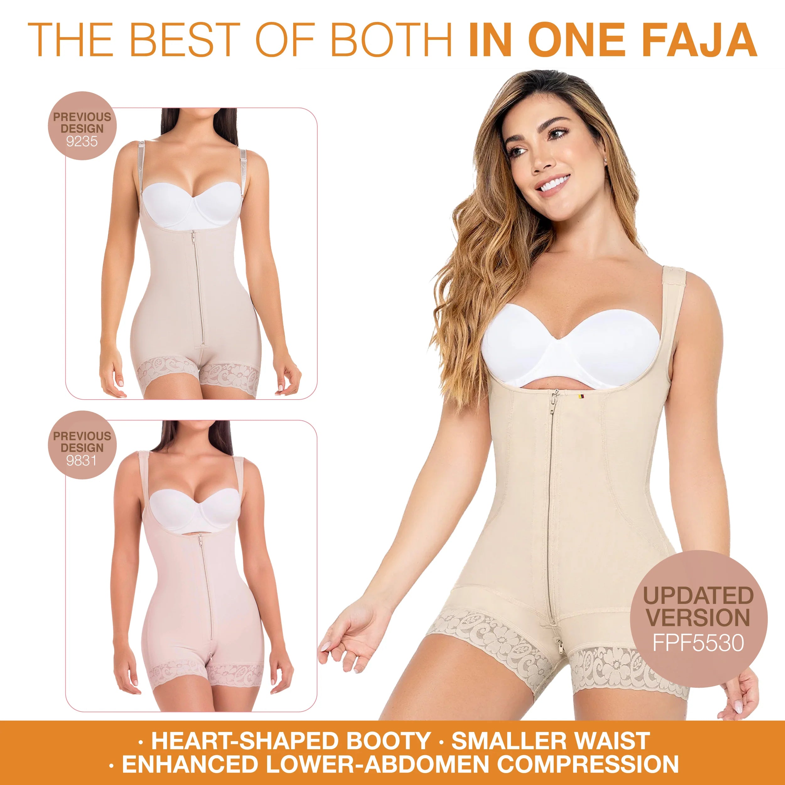 MARIAE FPF5530 Faja Colombiana Postpartum & Daily Use Shapewear Bodysuit front Zipper Open Bust Mid Thigh | 9831 | 9235