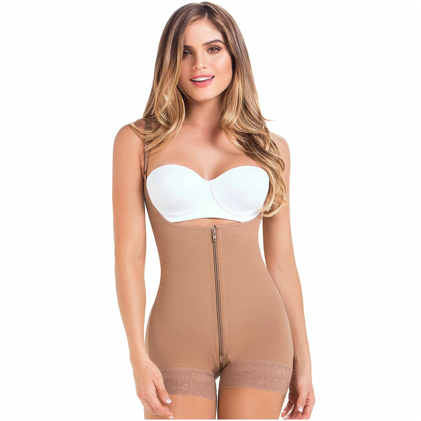 MARIAE FPF5530 Faja Colombiana Postpartum & Daily Use Shapewear Bodysuit front Zipper Open Bust Mid Thigh | 9831 | 9235