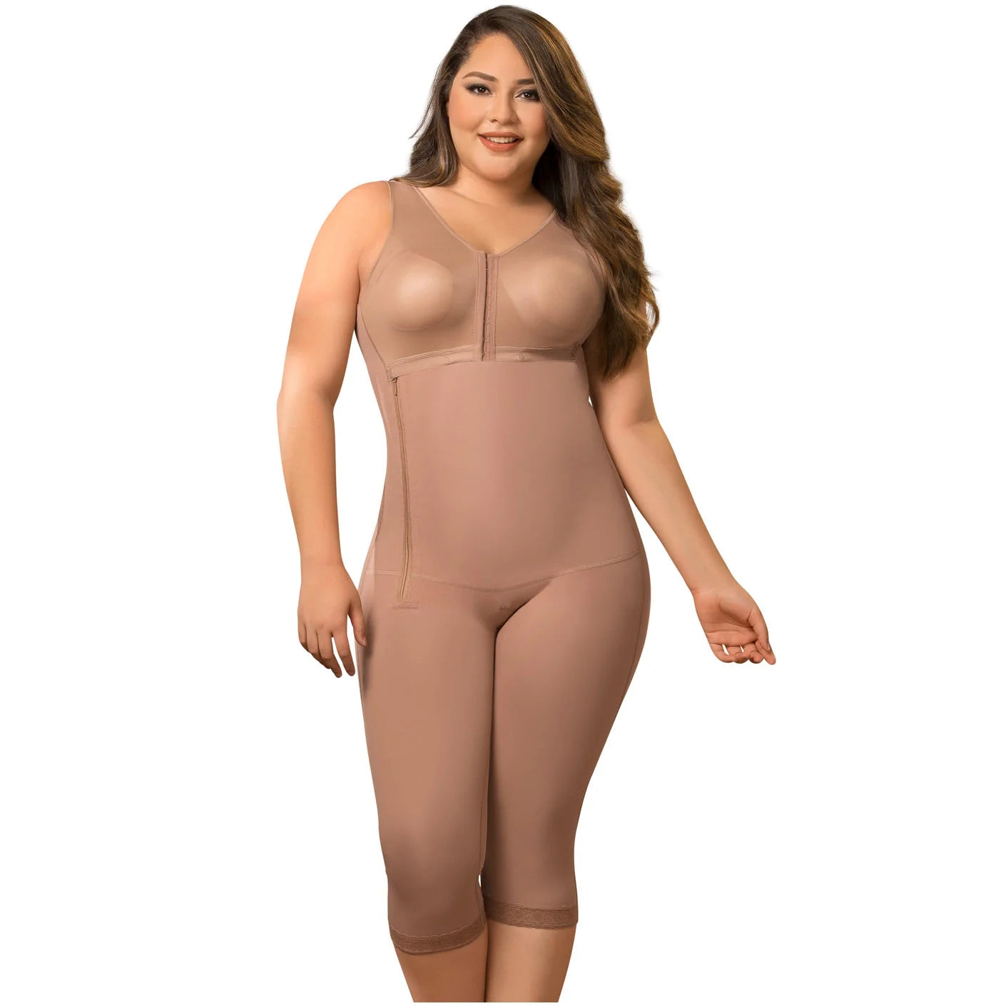 Fajas MariaE 9282 | Postoperative Shapewear with Bra | Side Zipper Knee Length | Powernet
