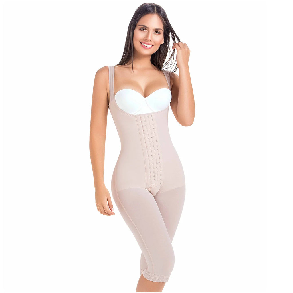 Fajas MariaE 9382 | Post Surgery Body Shaper | Postpartum Butt Lifting Girdle | Open Bust | Powernet & Knee Length