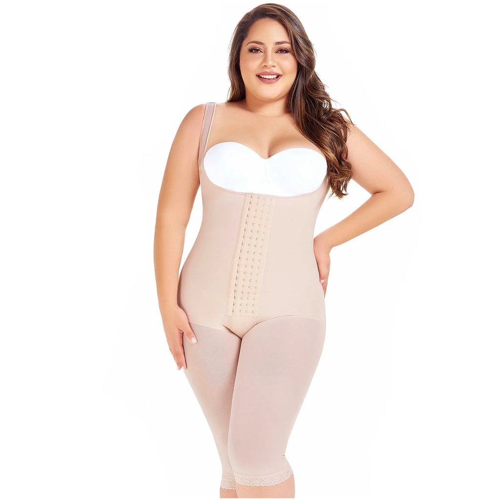Fajas MariaE 9382 | Post Surgery Body Shaper | Postpartum Butt Lifting Girdle | Open Bust | Powernet & Knee Length